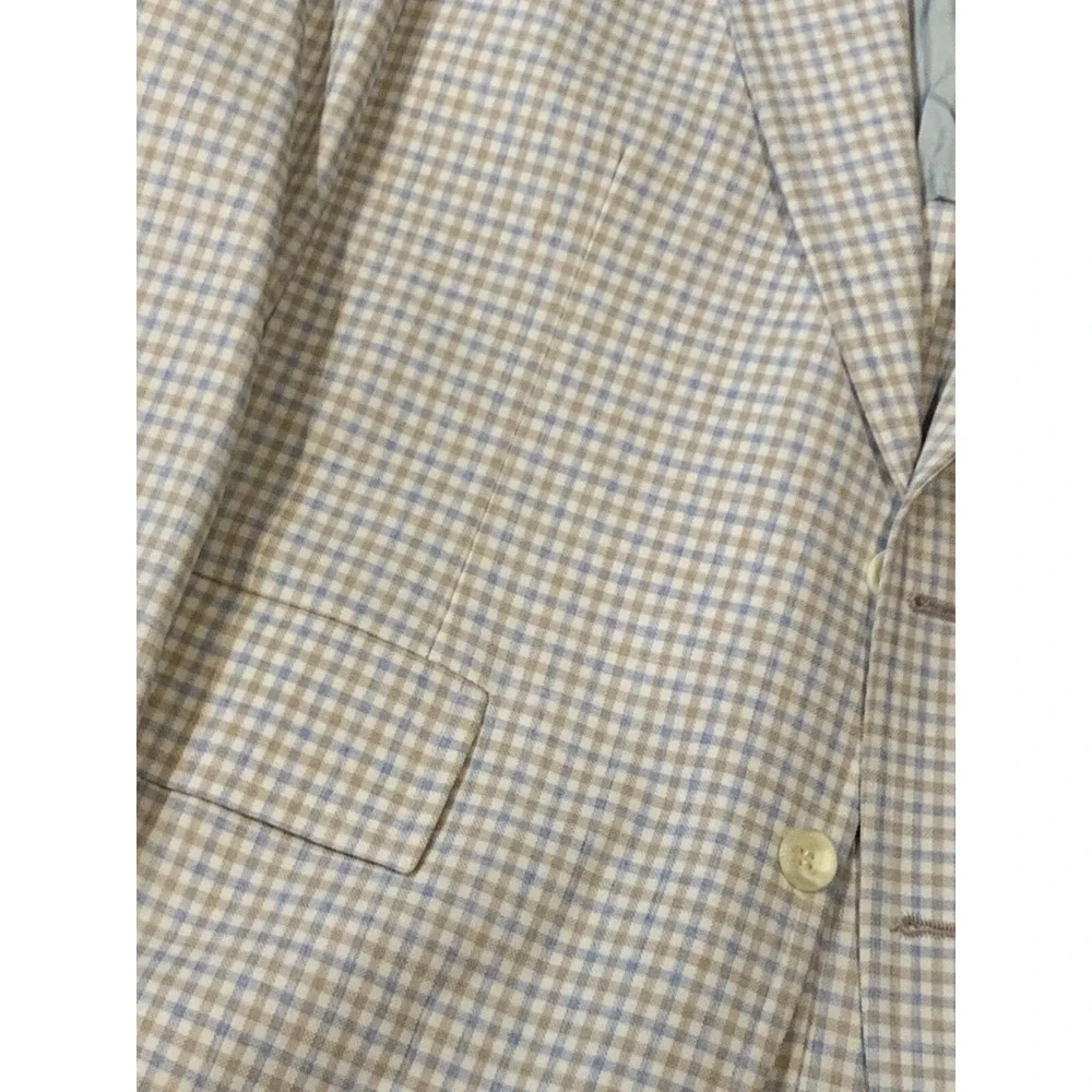 Vtg 70s Sports Coat White Blue Tan Check Plaid Merit Sz 46 Made USA 1/2 Lined